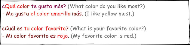 ¿Qué color te gusta más? (What color do you like most?)- Me gusta más el color amarillo. (I like yellow most.)¿Cuál es tu color favorito? (What is your favorite color?)- Mi color favorito es rojo. (My favorite color is red.)