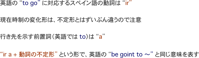 英語の “to go” に対応するスペイン語の動詞は “ir” 

現在時制の変化形は、不定形とはずいぶん違うので注意

行き先を示す前置詞（英語では to）は “a”

“ir a + 動詞の不定形” という形で、英語の “be goint to 〜” と同じ意味を表す