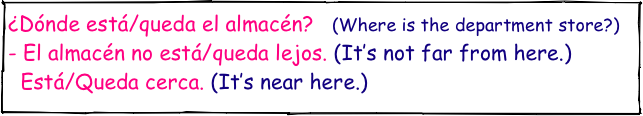 ¿Dónde está/queda el almacén?   (Where is the department store?)
- El almacén no está/queda lejos. (It’s not far from here.)
  Está/Queda cerca. (It’s near here.)